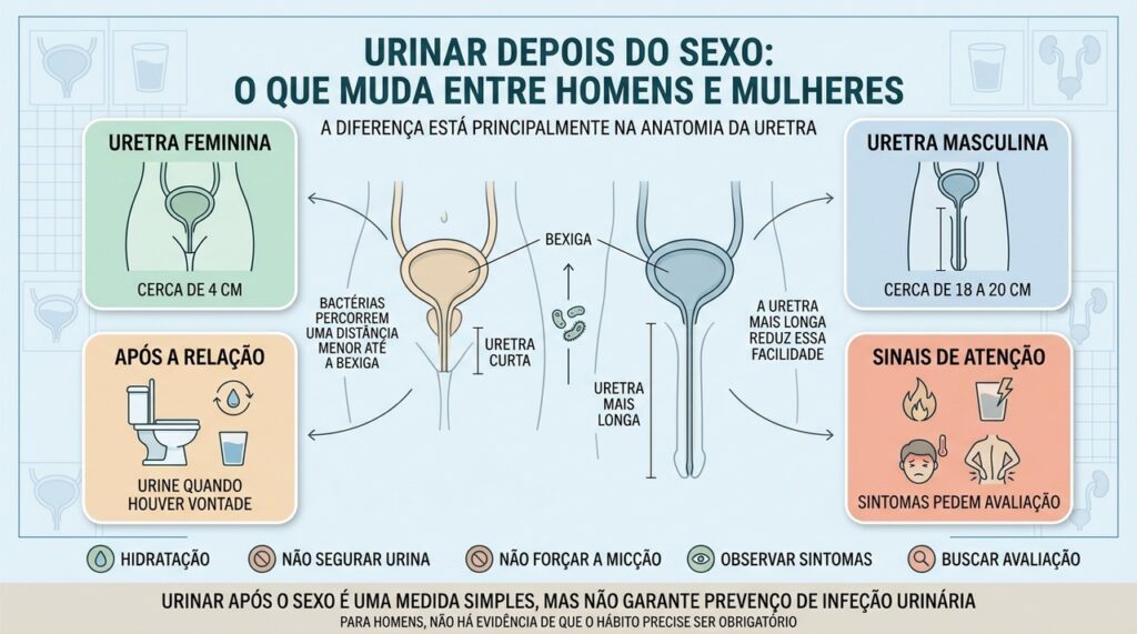 Uretra mais curta explica por que mulheres têm maior vulnerabilidade urinária após relações.