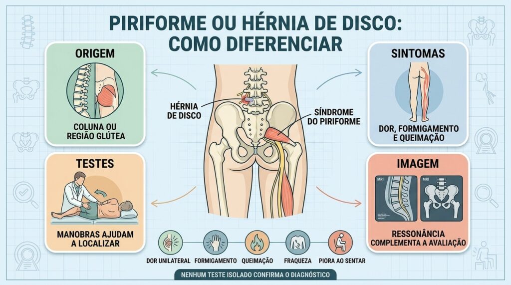 Origem, sintomas, testes e imagem ajudam a diferenciar piriforme de hérnia.