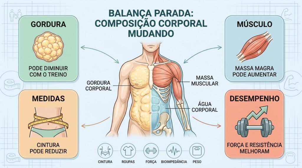 Cintura, força, roupas e composição corporal revelam mudanças que a balança não mostra.