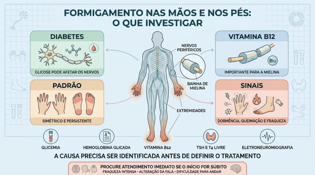 Padrão simétrico, diabetes, vitamina B12 e exames orientam a investigação da neuropatia.