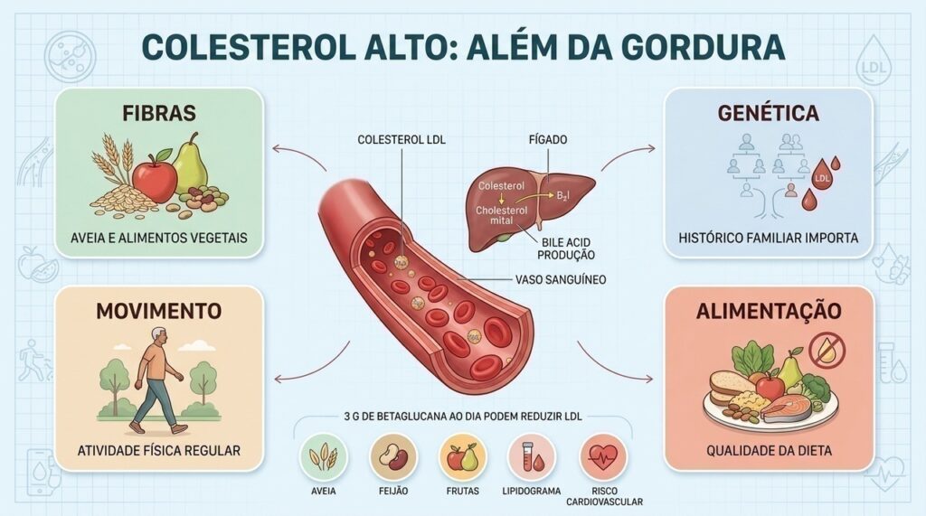 Fibras, genética, atividade física e alimentação influenciam o controle do colesterol e do risco cardiovascular.