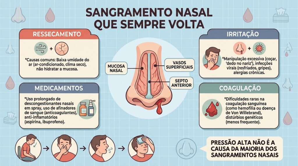 Ressecamento, irritação, medicamentos e coagulação ajudam a explicar sangramentos nasais recorrentes.