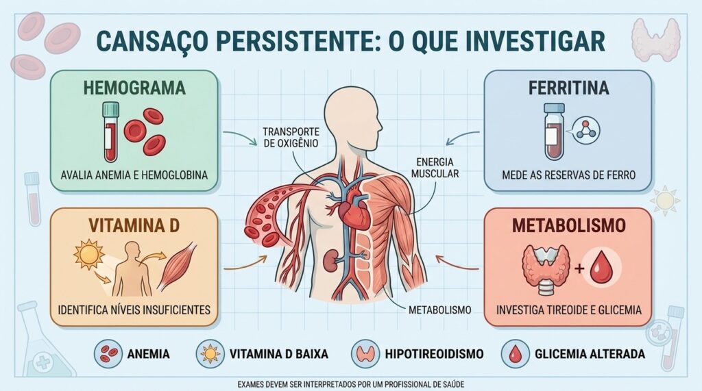 Hemograma, ferritina, vitamina D e metabolismo ajudam a investigar o cansaço persistente.