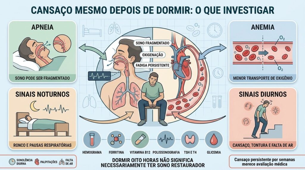Apneia fragmenta o sono, enquanto anemia reduz o transporte de oxigênio aos tecidos.