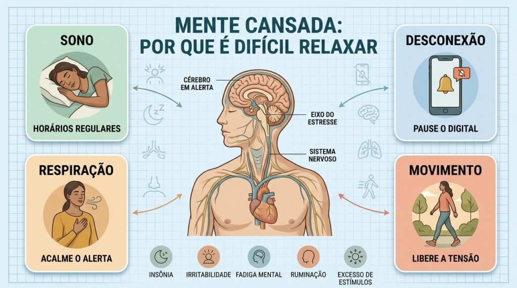 Sono regular, desconexão digital, respiração e movimento ajudam a reduzir a hiperativação.
