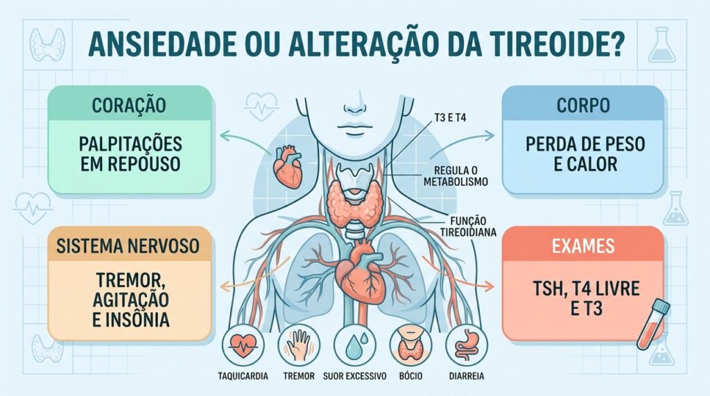 TSH, hormônios tireoidianos e sinais físicos ajudam a investigar sintomas semelhantes aos da ansiedade.