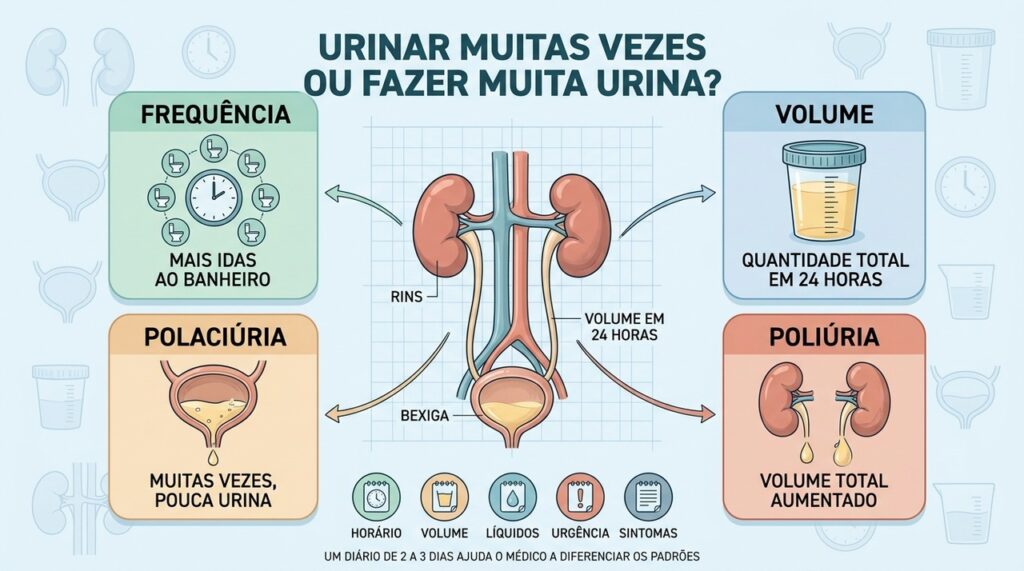 Frequência, volume e diário miccional ajudam a diferenciar polaciúria de poliúria.