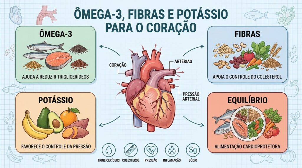 Ômega-3, fibras e potássio atuam em conjunto para apoiar pressão, colesterol e saúde cardiovascular.