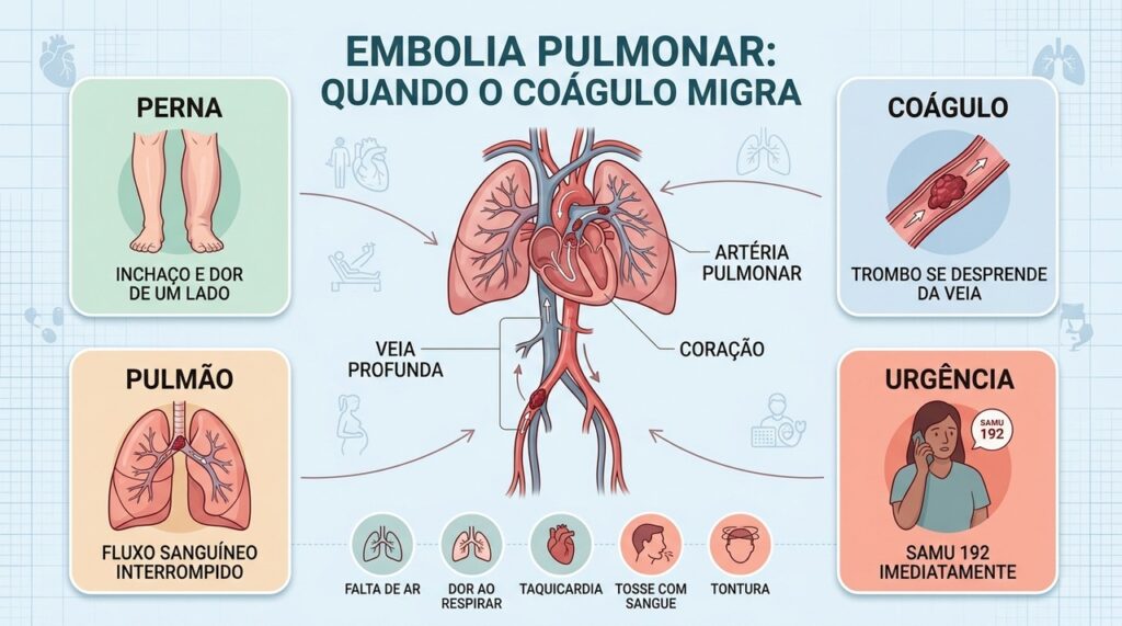 O coágulo pode sair da perna, alcançar os pulmões e bloquear a circulação.