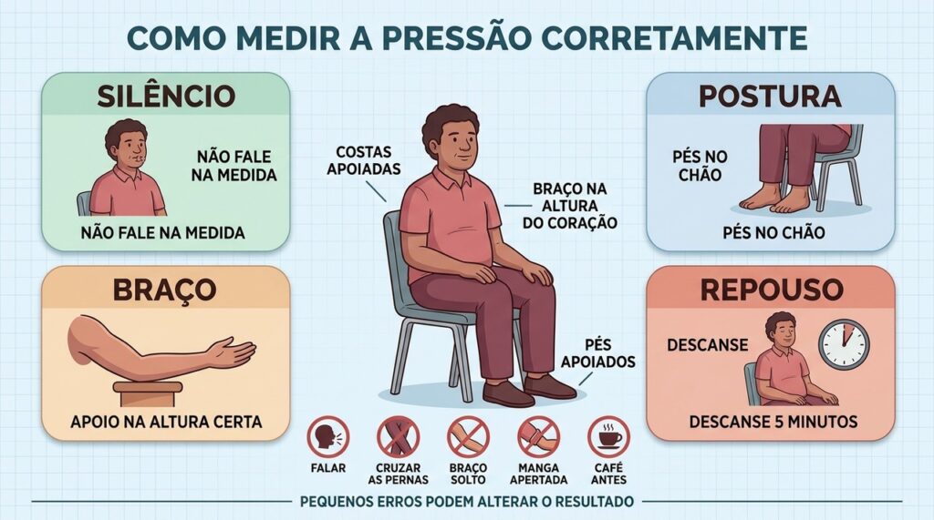 Silêncio, postura, repouso e braço apoiado tornam a pressão mais confiável.
