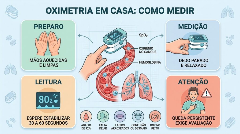 Preparo, técnica, estabilização e sinais de alerta tornam a oximetria domiciliar mais segura.