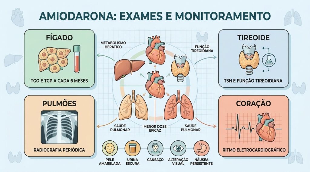 Exames hepáticos, tireoide, pulmões e ritmo cardíaco orientam a segurança do tratamento com amiodarona.