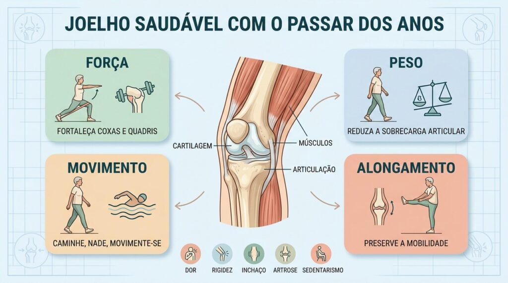 Fortalecimento, movimento, alongamento e controle do peso ajudam a preservar a função do joelho.