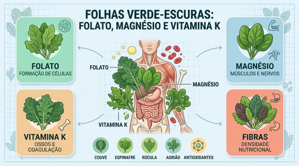Folhas verde-escuras concentram folato, magnésio, vitamina K, fibras e antioxidantes.