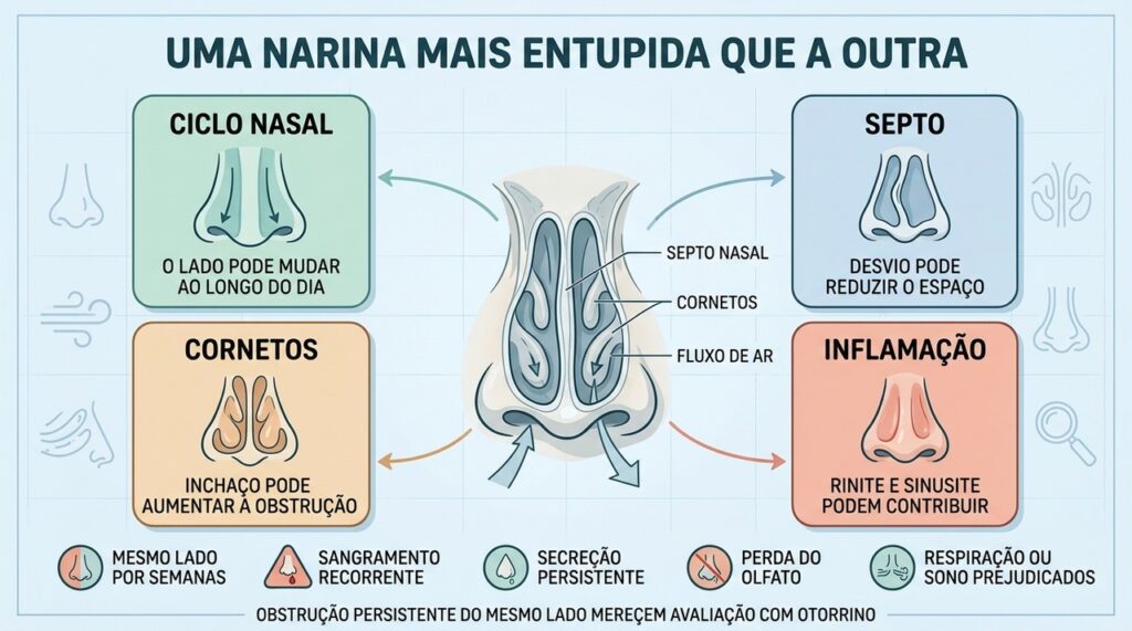 Ciclo nasal, septo, cornetos e inflamação ajudam a explicar a obstrução unilateral.