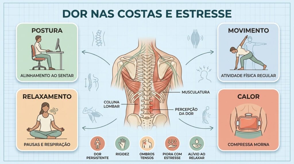 Postura, movimento, relaxamento e calor ajudam a reduzir a tensão associada à dor persistente.