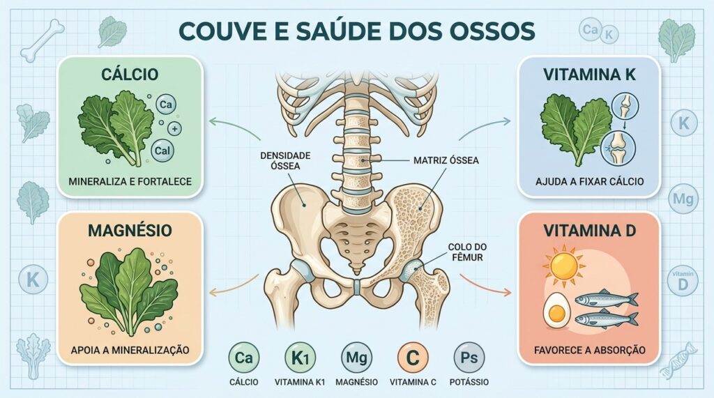 Couve fornece cálcio, vitamina K e magnésio, nutrientes essenciais à saúde óssea.