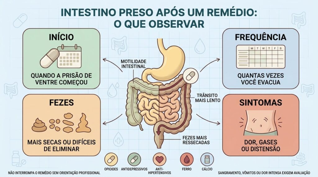 Início, frequência, fezes e sintomas ajudam a avaliar constipação relacionada a medicamentos.