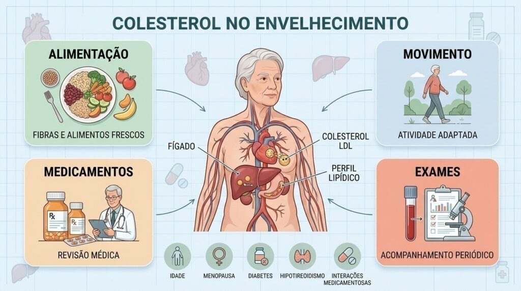 Envelhecimento, alimentação, medicamentos e doenças associadas podem influenciar o equilíbrio do colesterol ao longo dos anos.