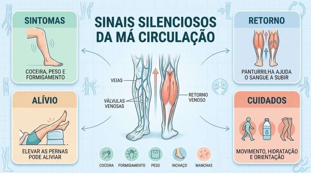 Coceira, peso, inchaço e alterações na pele podem acompanhar a doença venosa crônica.