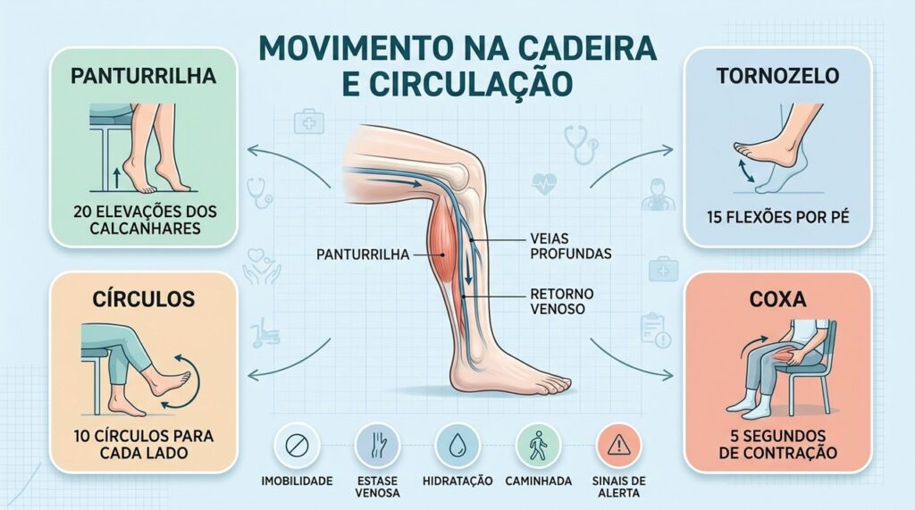 Panturrilha, tornozelos, hidratação e pausas ajudam a reduzir a estase venosa.