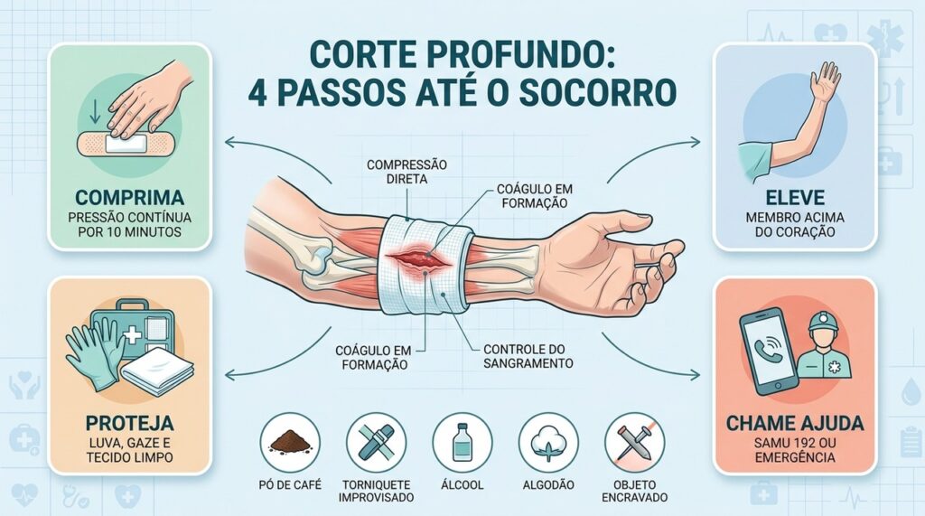 Compressão, elevação, proteção e socorro rápido formam os principais cuidados diante de sangramento intenso.