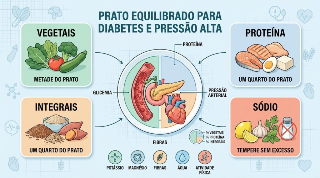 Vegetais, proteína magra, integrais e pouco sódio formam a base do prato equilibrado.