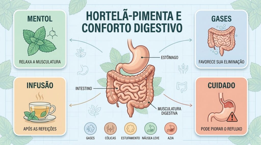 Mentol, infusão e ação carminativa explicam benefícios digestivos, enquanto refluxo exige cuidado.