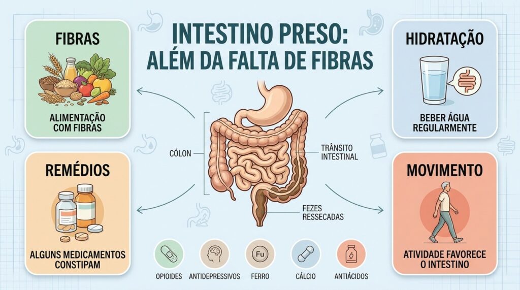 Fibras, hidratação, movimento e revisão dos medicamentos ajudam a investigar a constipação.