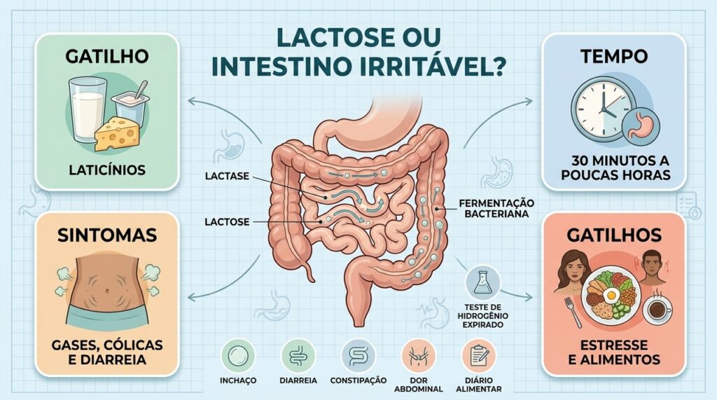 Gatilhos, tempo dos sintomas e padrão intestinal ajudam a diferenciar lactose e intestino irritável.
