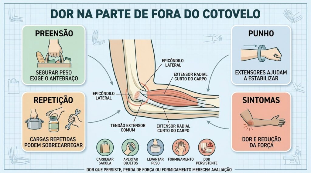 Preensão, extensão do punho e repetição ajudam a explicar a dor lateral.