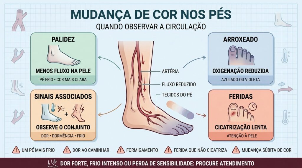 Palidez, arroxeamento, frio, dor e feridas ajudam a reconhecer sinais circulatórios.