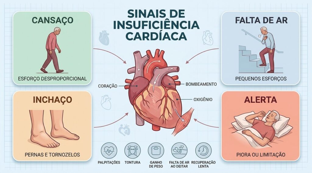 Falta de ar, inchaço e recuperação lenta podem acompanhar sinais de insuficiência cardíaca.