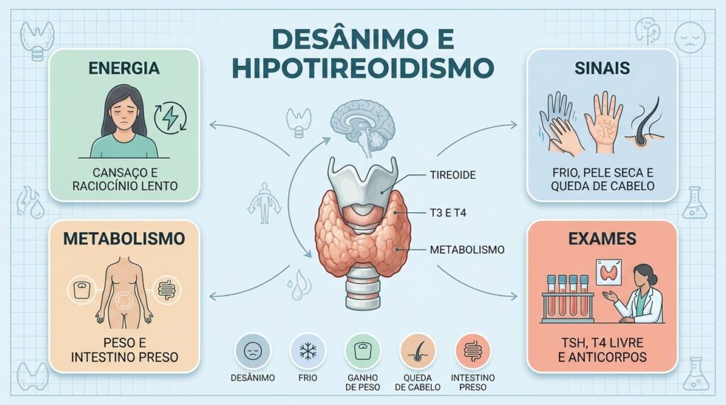 TSH, T4 livre e sinais físicos ajudam a investigar o hipotireoidismo e suas causas.