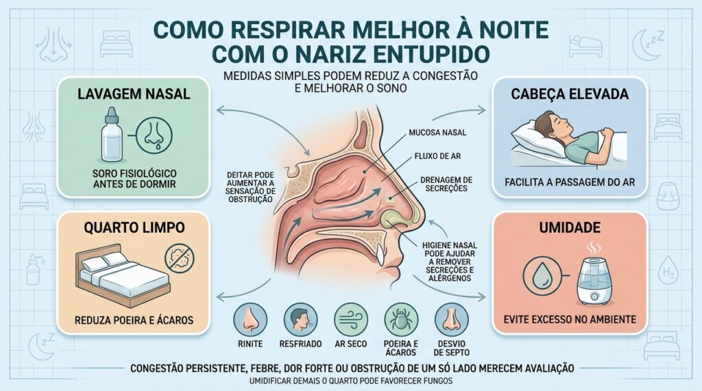 Lavagem nasal, cabeceira elevada e controle de irritantes favorecem noites com melhor respiração.