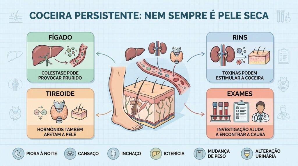 Fígado, rins, tireoide e exames ajudam a investigar coceira persistente sem lesões.