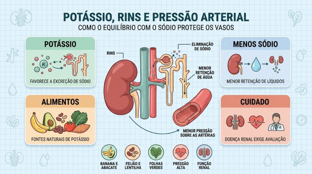 Potássio, alimentação e função renal ajudam a equilibrar sódio e pressão arterial.
