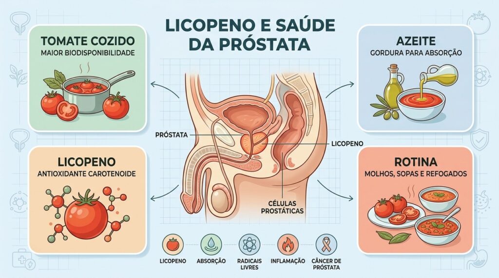 Quatro pilares destacam como tomate cozido, azeite e licopeno se relacionam à saúde prostática.