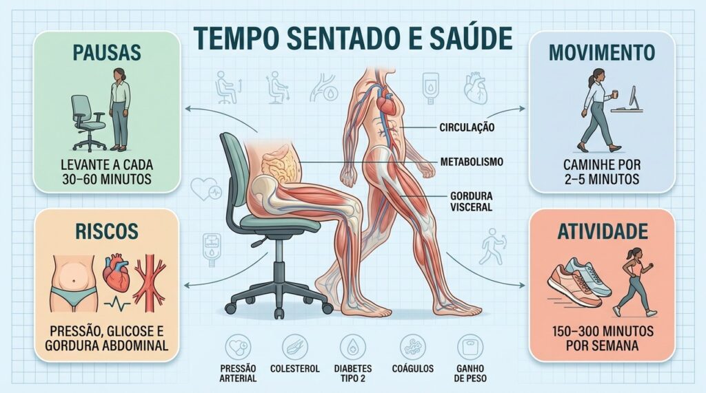 Pausas curtas para caminhar podem reduzir parte dos riscos associados ao tempo prolongado sentado.