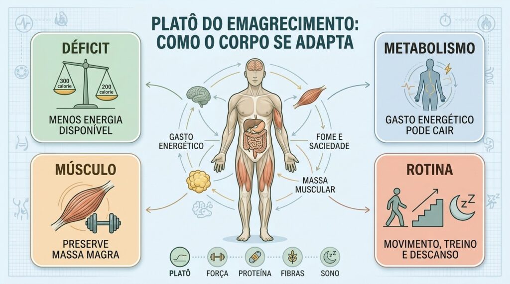 Déficit, metabolismo, músculo e rotina influenciam a adaptação durante a perda de peso.