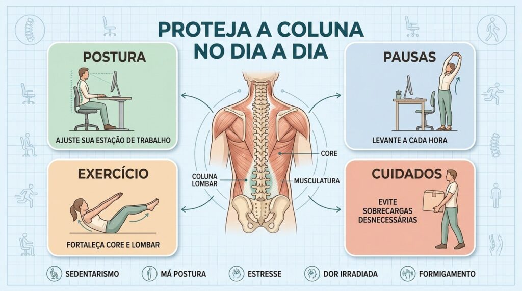 Postura, pausas, exercício e cuidados diários ajudam a reduzir sobrecargas na coluna.
