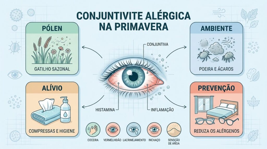 Pólen, poeira e ácaros podem desencadear coceira, vermelhidão e lacrimejamento.