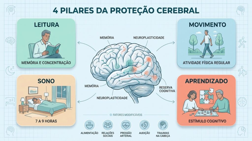 Leitura, movimento, sono e aprendizado estimulam o cérebro e ajudam na proteção cognitiva.