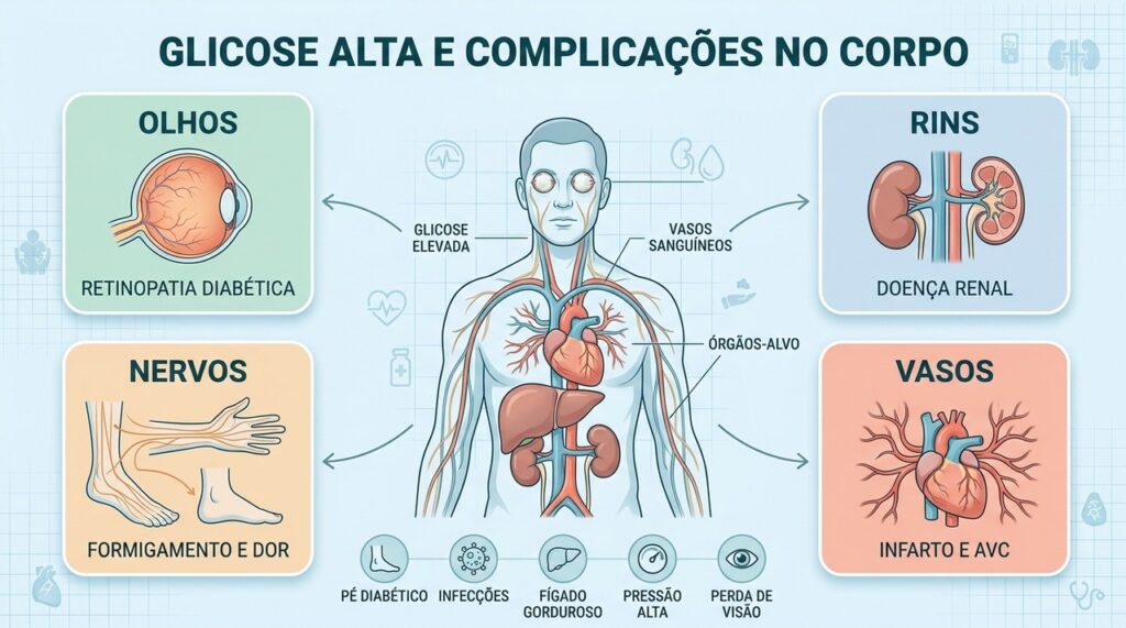 Controle glicêmico ajuda a proteger olhos, rins, nervos, coração e vasos contra complicações crônicas.