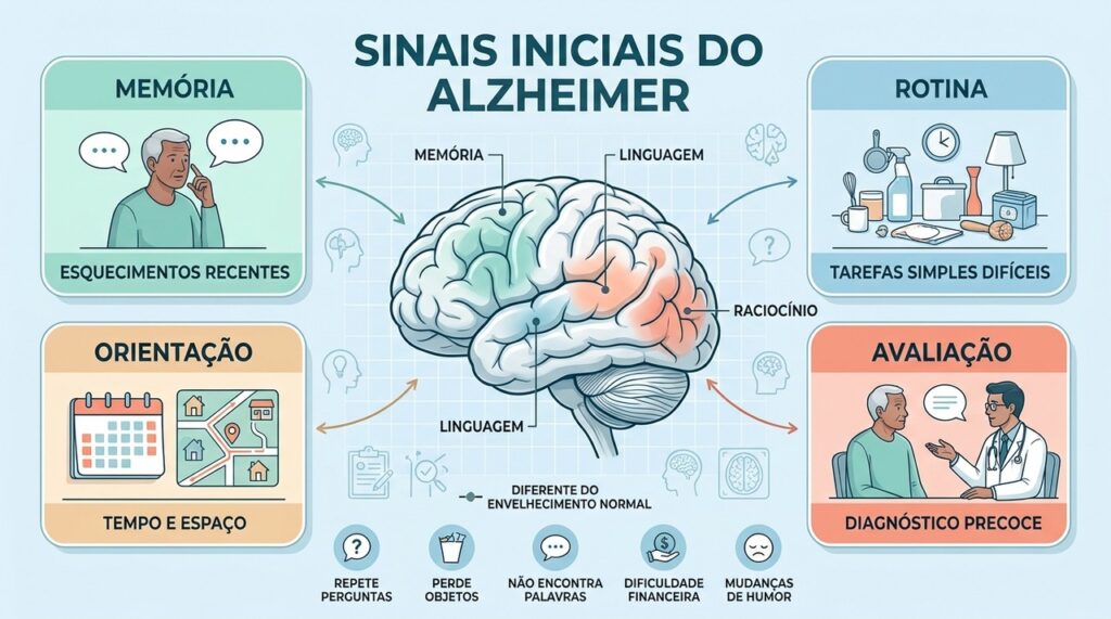 Memória, orientação, linguagem e autonomia ajudam a identificar alterações cognitivas que exigem avaliação.