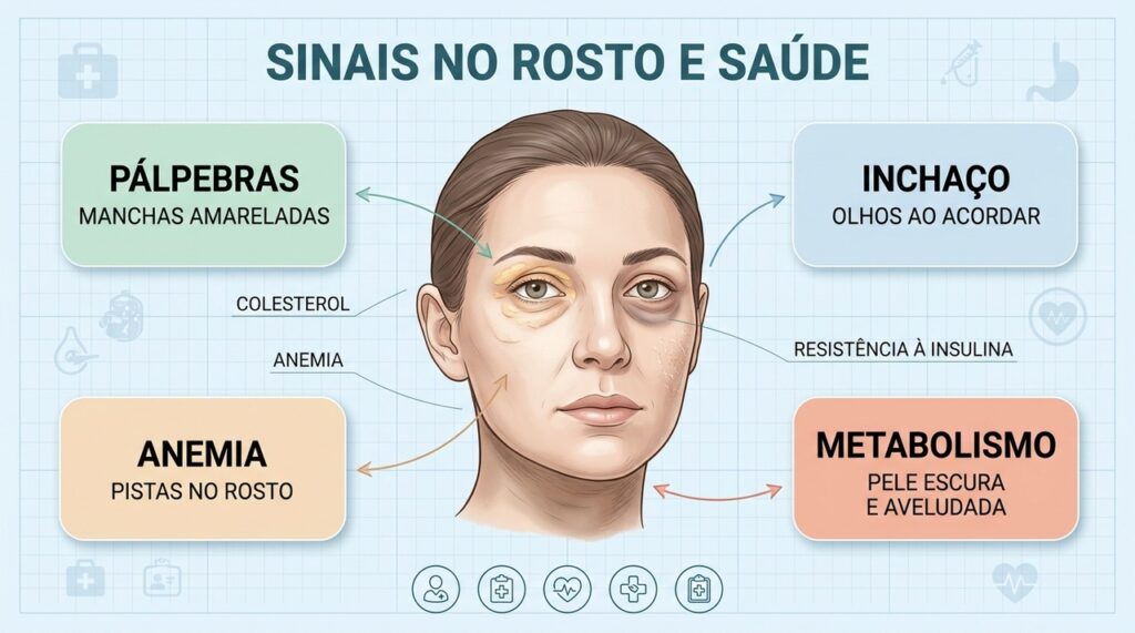 Xantelasmas, edema, palidez e acantose ajudam a orientar investigação de saúde sistêmica.