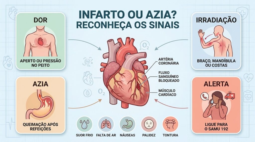 Pressão torácica, irradiação e sintomas associados ajudam a reconhecer sinais de emergência cardíaca.