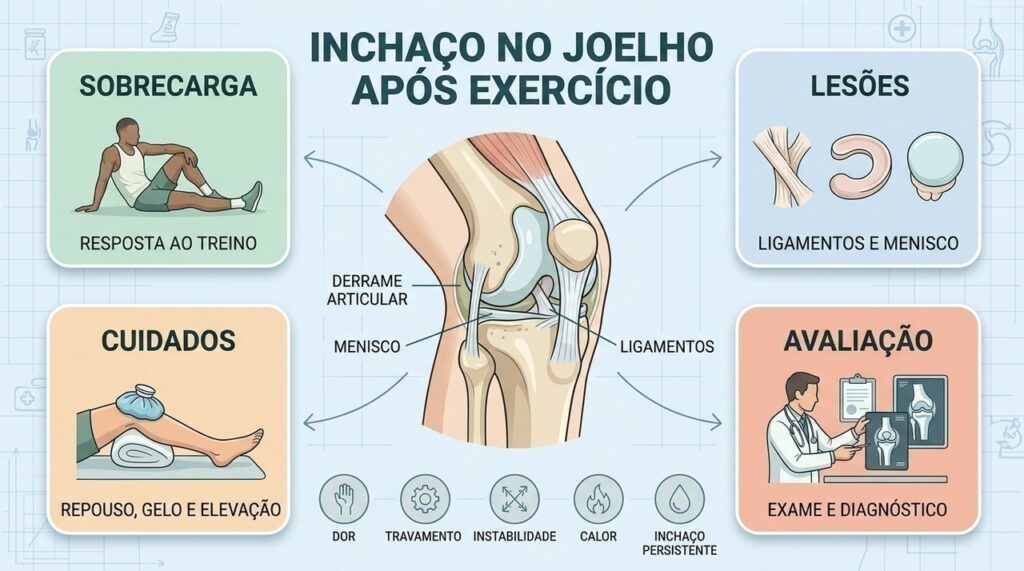 Sobrecarga pode causar inchaço temporário, enquanto dor, travamento e instabilidade sugerem investigação.