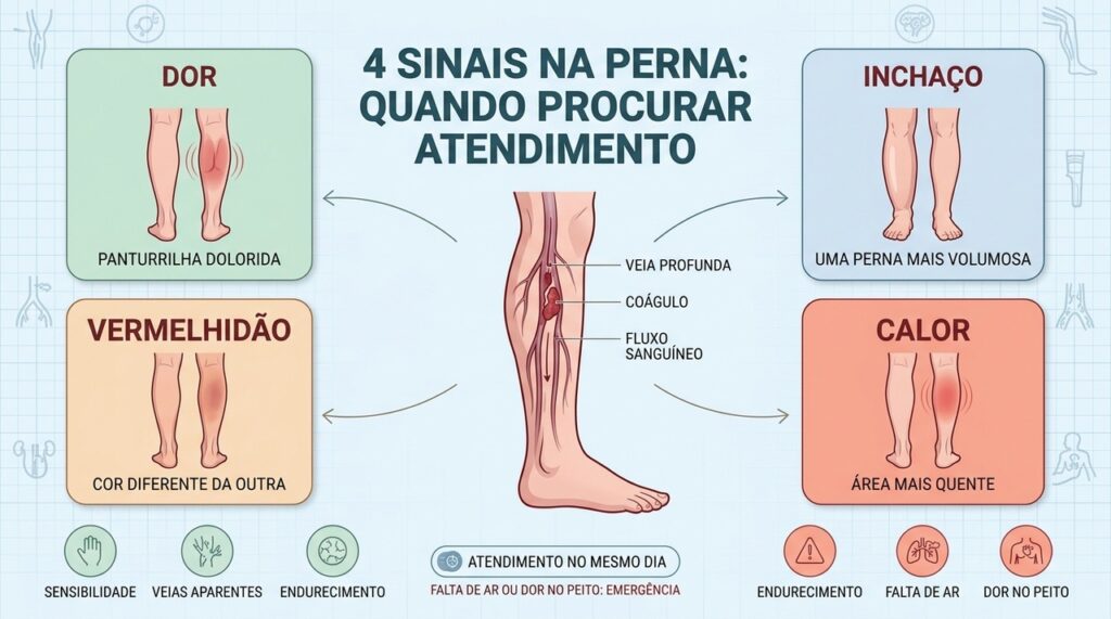 Dor, inchaço, vermelhidão e calor são sinais importantes de trombose na perna.
