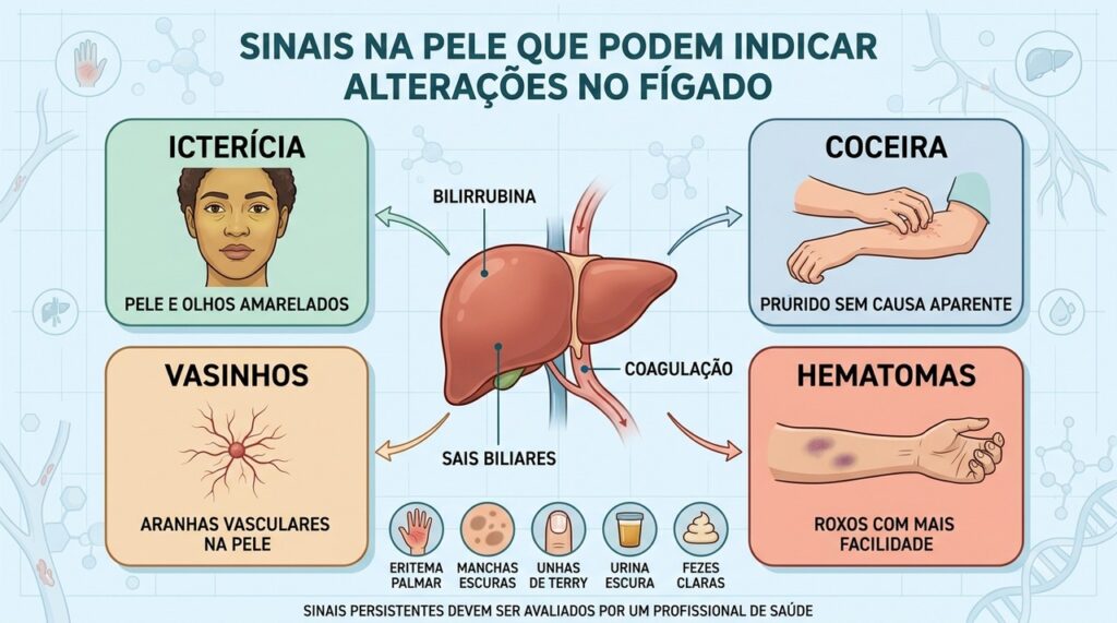 Icterícia, coceira, vasinhos e hematomas estão entre os sinais cutâneos associados ao fígado.